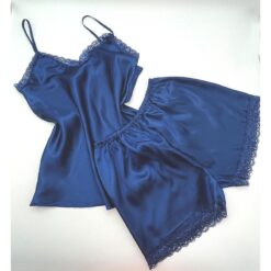Σετ Σατέν Babydoll με Δαντέλα Μπλε Σκούρο
