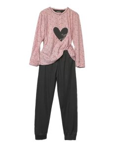 Σετ Πιτζάμες Βαμβακερές Fleece, Μπλούζα και Παντελόνι, Ροζ με Σκούρο Γκρι