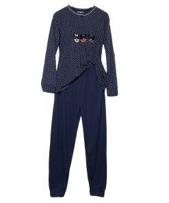 Σετ Πιτζάμες Βαμβακερές Fleece, Μπλούζα πουά και Παντελόνι, Σκούρο Μπλε