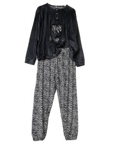 Σετ Πιτζάμες Βελούδινες Plus Size Μπλούζα με Καρδούλες και Παντελόνι, Μαύρο