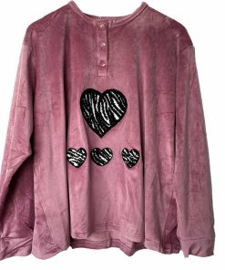 Σετ Πιτζάμες Βελούδινες Plus Size Μπλούζα με Καρδούλες και Παντελόνι, Ροζ