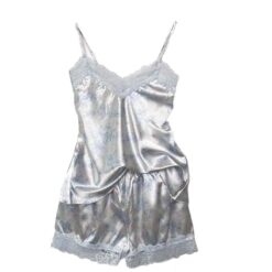 Γυναικείο Σετ Σατέν Babydoll Τοπάκι και Σορτσάκι Λευκό Φλοράλ Slim Fit, Γαλάζιο