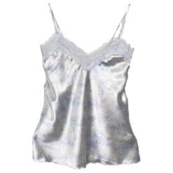Γυναικείο Σετ Σατέν Babydoll Τοπάκι και Σορτσάκι Λευκό Φλοράλ Slim Fit, Γαλάζιο
