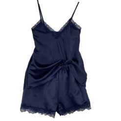 Γυναικείο Σετ Σατέν Babydoll Τοπάκι και Σορτσάκι με Δαντέλα Slim Fit, Σκούρο Μπλε