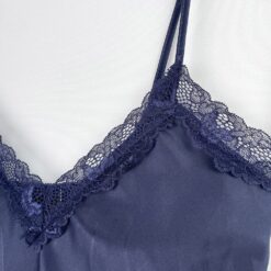Γυναικείο Σετ Σατέν Babydoll Τοπάκι και Σορτσάκι με Δαντέλα Slim Fit, Σκούρο Μπλε