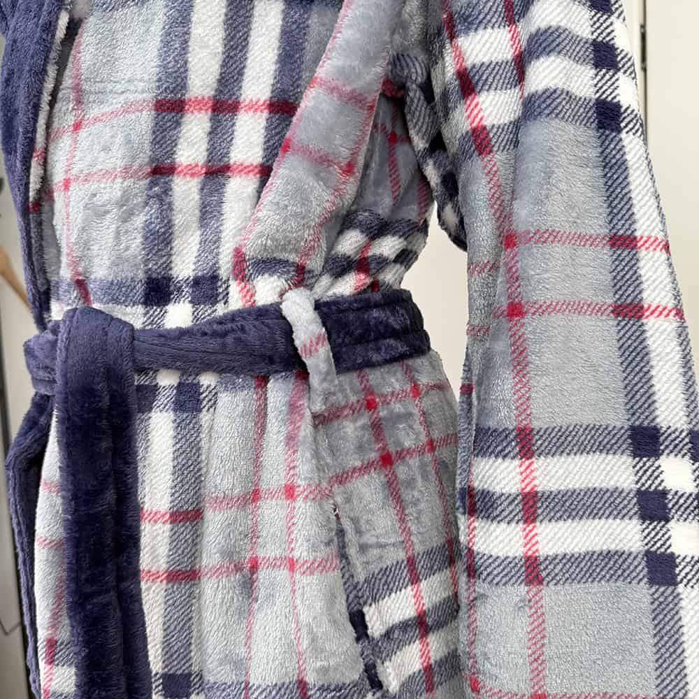 Ανδρική Ρόμπα Καρό Φλις με Ζώνη, πλαϊνές Τσέπες και Γιακά Slim Fit, Μπλε