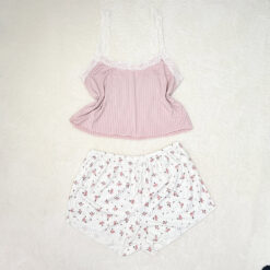 Γυναικείο Σετ Baby doll Crop Τοπάκι με Δαντελωτές Τιράντες και Παντελόνι, Απαλό Ροζ