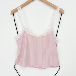 Γυναικείο Σετ Baby doll Crop Τοπάκι με Δαντελωτές Τιράντες και Παντελόνι, Απαλό Ροζ