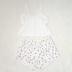 Γυναικείο Σετ Baby doll Crop Τοπάκι με Δαντελωτές Τιράντες και Παντελόνι, Λευκό