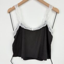 Γυναικείο Σετ Baby doll Crop Τοπάκι με Δαντελωτές Τιράντες και Παντελόνι, Μαύρο
