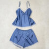 Σετ Σατέν Babydoll Τοπάκι και Σορτσάκι με Δαντέλα Slim Fit, Μπλε Αζούρ