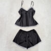 Σετ Σατέν Babydoll Τοπάκι και Σορτσάκι με Δαντέλα Slim Fit, Μαύρο