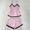 Σετ Σατέν Babydoll Τοπάκι και Σορτσάκι με Δαντέλα Slim Fit, Ροζ