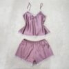 Σετ Σατέν Babydoll Τοπάκι και Σορτσάκι με Δαντέλα Slim Fit, Σάπιο Μήλο