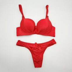 Σετ Γυναικείων Εσωρούχων Σουτιέν Push Up και String με Δαντέλα, Κόκκινο