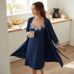 Γυναικείο Σετ Νυχτικό και Ρόμπα με Δαντέλα Regular Fit, Μπλε Μαρέν