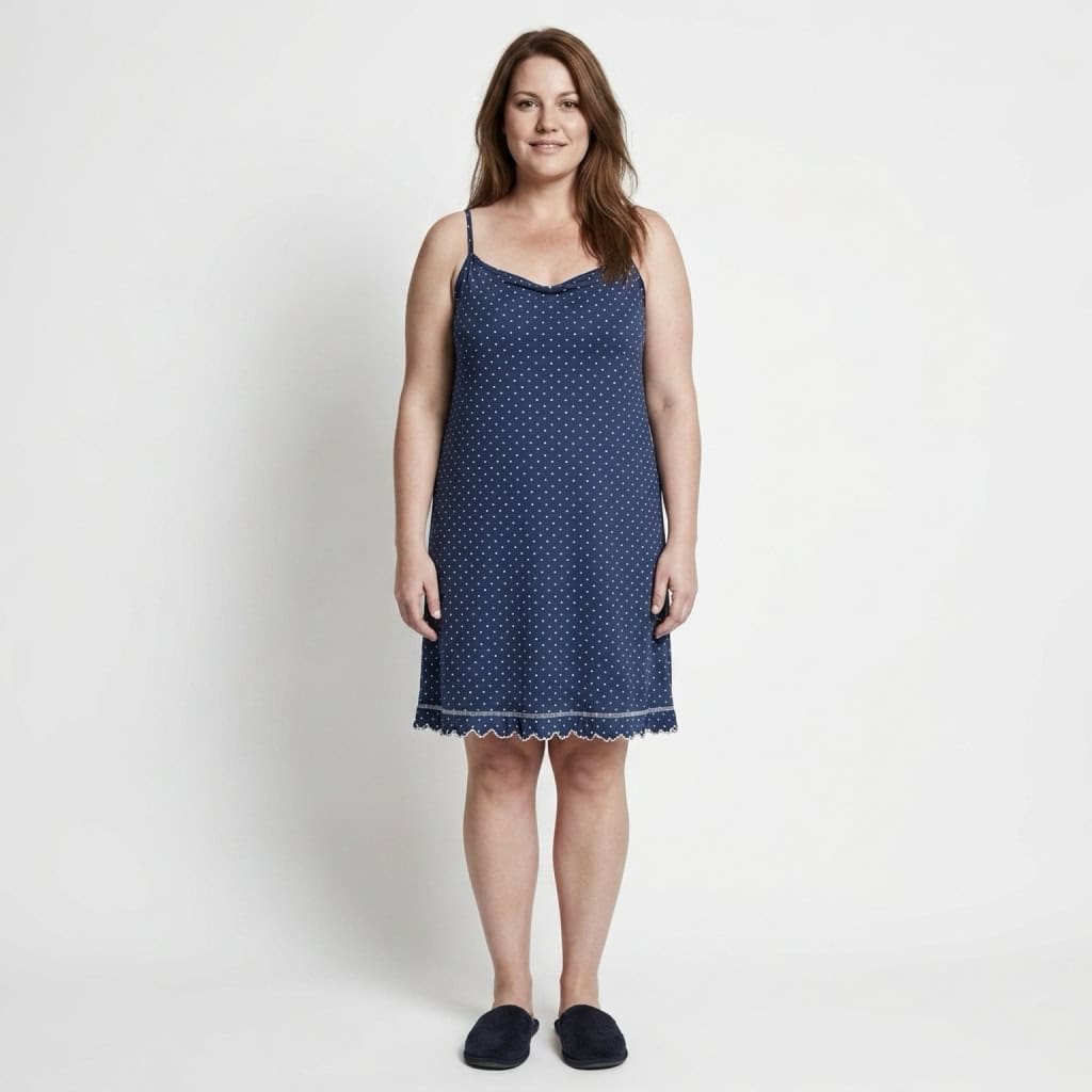Γυναικείο Νυχτικό Αμάνικο Μίντι Πουά Plus Size, Μπλε