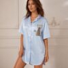 Γυναικεία Πουκαμίσα Κοντομάνικη Oversized με Σατέν Υφή και Κουμπιά Regular Fit, Γαλάζιο