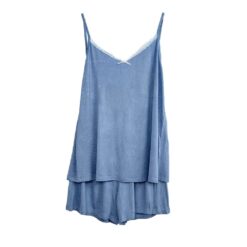 Σετ Γυναικείες Βαμβακερές Πιτζάμες Babydoll Πουά Τοπάκι και Σορτσάκι Plus Size, Γαλάζιο