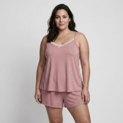 Σετ Γυναικείες Βαμβακερές Πιτζάμες Babydoll Πουά Τοπάκι και Σορτσάκι Plus Size, Ροζ
