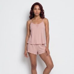 Γυναικείο Σετ Babydoll Ριπ Τοπάκι και Σορτσάκι Slim Fit, Σομόν