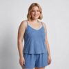 Σετ Γυναικείες Βαμβακερές Πιτζάμες Babydoll Πουά Τοπάκι και Σορτσάκι Plus Size, Γαλάζιο