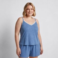 Σετ Γυναικείες Βαμβακερές Πιτζάμες Babydoll Πουά Τοπάκι και Σορτσάκι Plus Size, Γαλάζιο